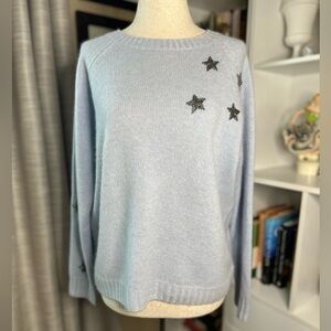 Pure Collection 100% Cashmere Light Blue Sweater with Black Star Details
